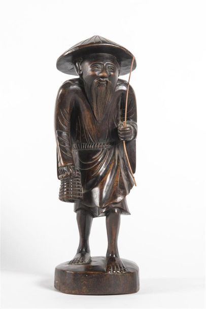 INDOCHINE Sujet en bois sculpté le pêcheur
H:...