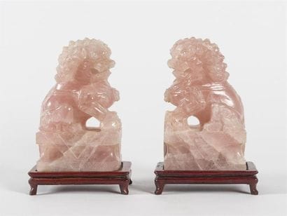 Paire de chiens de Fo en quartz rose
H :...