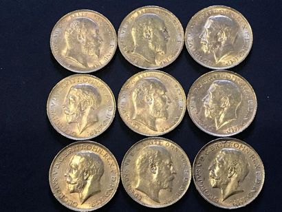 9 pièces en or Souverain Anglais,,Georges...