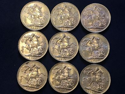 9 pièces en or Souverain Anglais,,Georges...