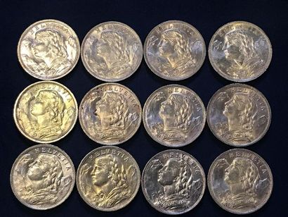 12 pièces en or de 20 francs Suisse
