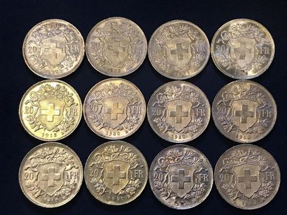 12 pièces en or de 20 francs Suisse