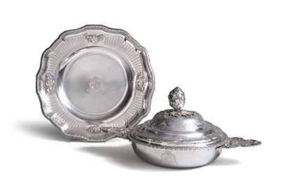 Silver bowl, cover and display stand in a...