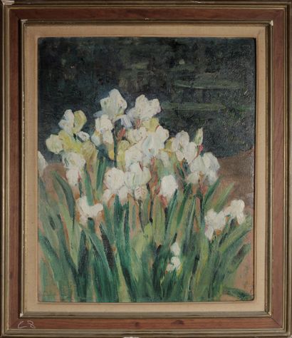 Henri DUMONT (1859-1921).
Iris blancs.
Huile...