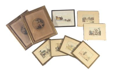 Suite de neuf gravures en couleurs à décor...