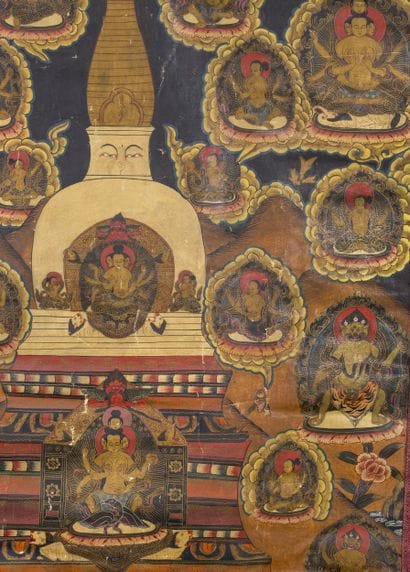 A painted Tibetan tanka depicting, in the...
