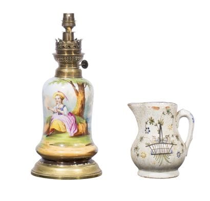 A kerosene lamp mounted on a Paris porcelain...