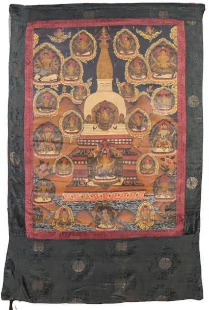 A painted Tibetan tanka depicting, in the...