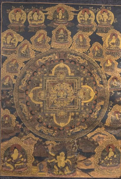 A painted Tibetan tanka depicting a central...