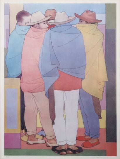 École Chilienne.
Cinq hommes aux sarapes.
Lithographie....