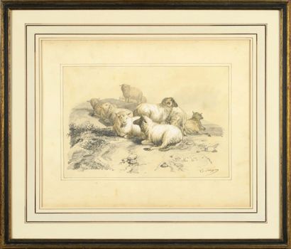 Edmond tschaggeny (1818-1873)
Les Moutons.
Dessin...