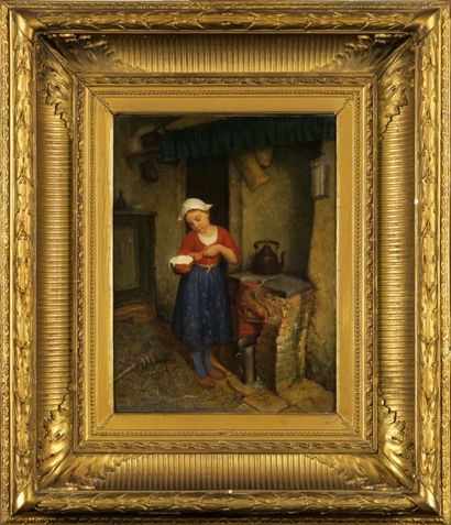 P,J. Kint
Le Poêlon de Lait.
Huile sur panneau,...