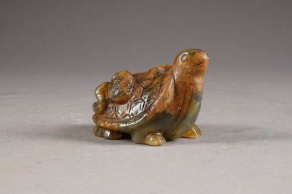 Tortue. Jade vert marbré, sculpté. Art chinois....