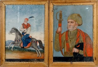 Portrait de Sultan et cavalier. Paire d'églomisés...