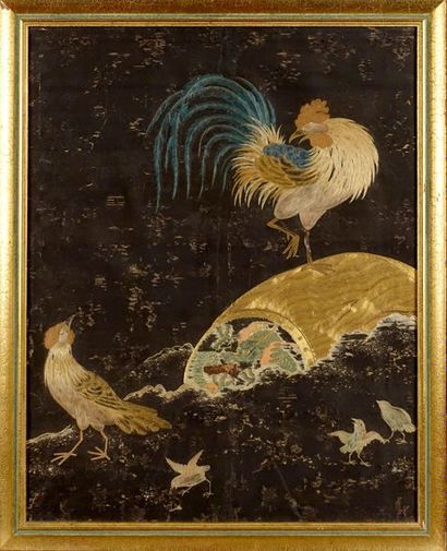 Panneau. Brodé de fils d'or et de couleur,...
