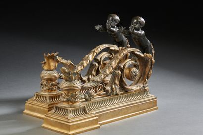 Paire de chenets en bronze à deux patines...