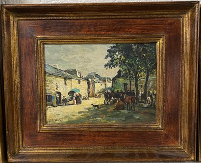 Ensemble de trois huiles sur toile représentant...