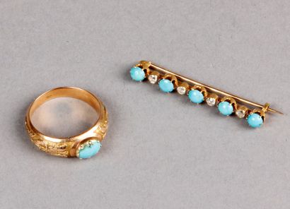 BROCHE barrette en or ornée de petites turquoises...