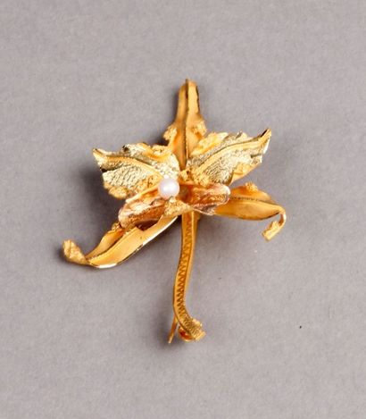 BROCHE orchidée en or jaune deux tons, ornée...