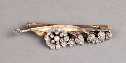 BROCHE rameau fleuri en argent et or bas...