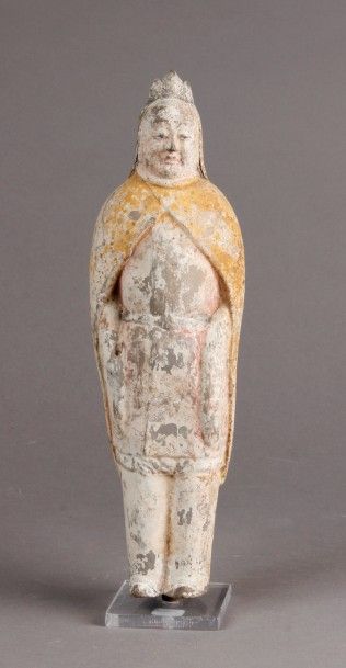 GUERRIER en terre cuite polychrome.
Chine,...