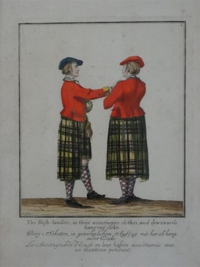 Suite de trois gravures aquarellées representant...
