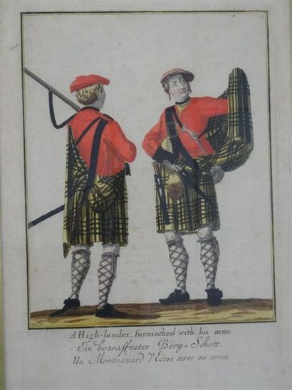 Suite de trois gravures aquarellées representant...
