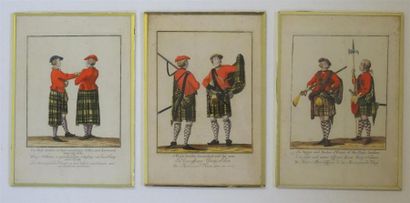 Suite de trois gravures aquarellées representant...
