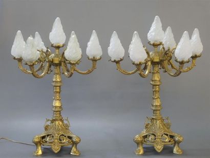 Paire de candélabres en bronze doré à sept...