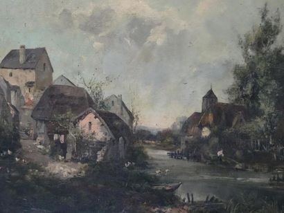 Paysage de village au bord de rivière.
huile...