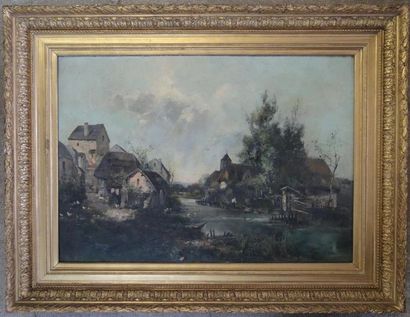 Paysage de village au bord de rivière.
huile...