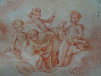 Paire de tableaux aux putti allégoriques...