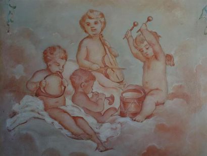 Paire de tableaux aux putti allégoriques...