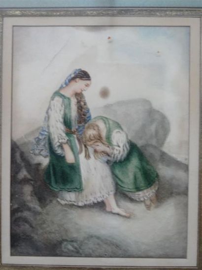 Ecole Française XIX°:
Femmes sur un rocher.
Aquarelle...