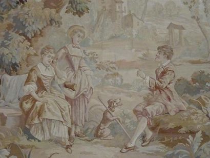 Tapisserie au petit point à décor de scène...