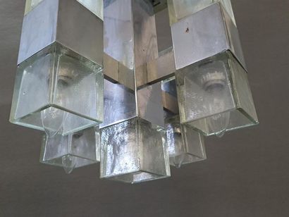 Lustre en métal chromé et verre épais à neuf...