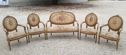 Wooden and gilded stucco living room, upholstered...