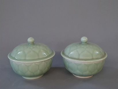 Paire de pots couverts en faïence céladon...