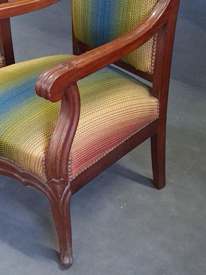 Pair of mahogany armchairs with striped fabric.
End...