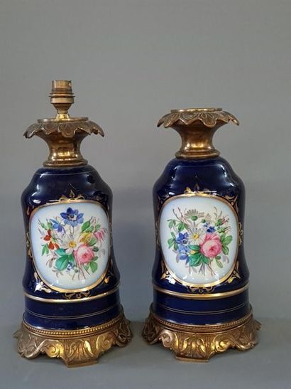 Pair of blue porcelain lamp bases decorated...