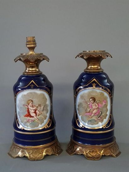 Pair of blue porcelain lamp bases decorated...