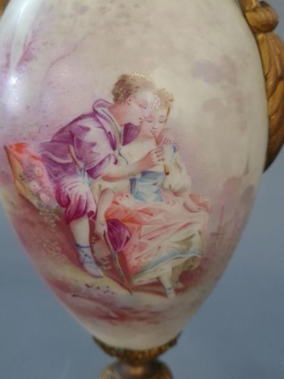 Pair of covered porcelain vases with a gallant...