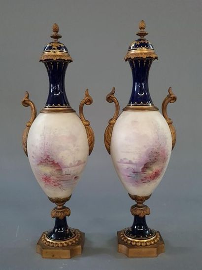 Pair of covered porcelain vases with a gallant...