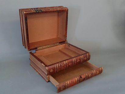 Leather-wrapped book case with trompe l'oeil...