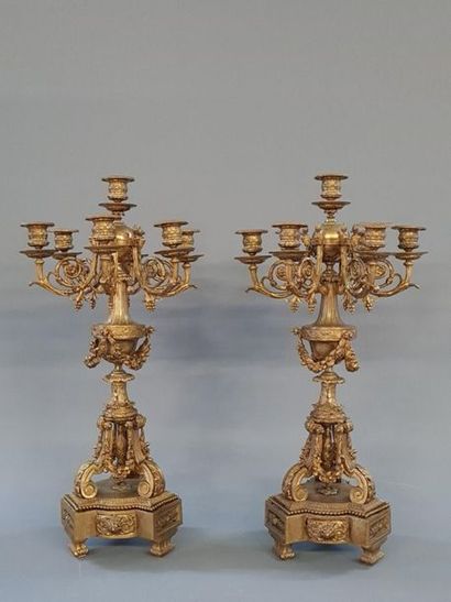 Paire de candélabres en bronze doré à sept...