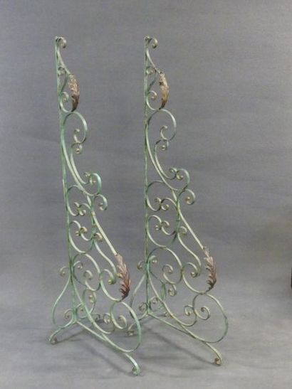Paire de grilles en fer forgé patinées vert...