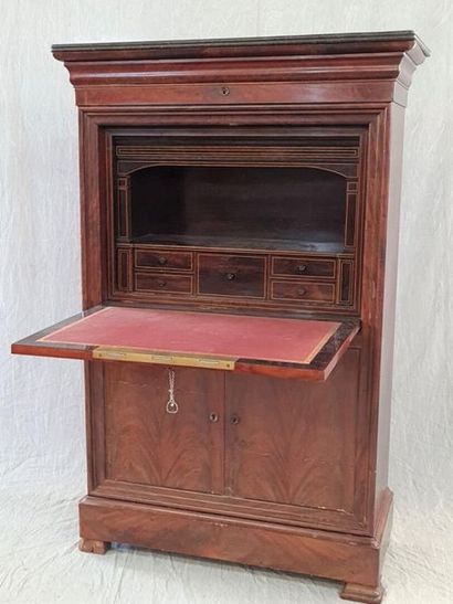 Upright mahogany secretary, the flap revealing...