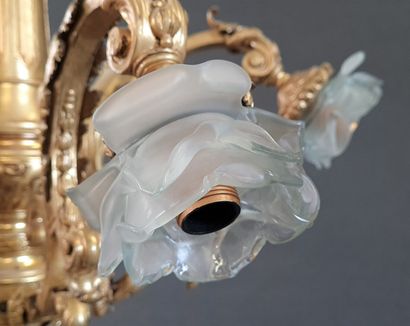 Chandelier in gilt bronze with six lights....