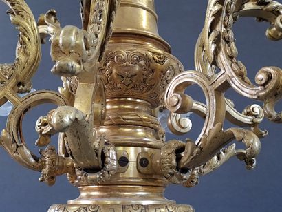 Chandelier in gilt bronze with six lights....