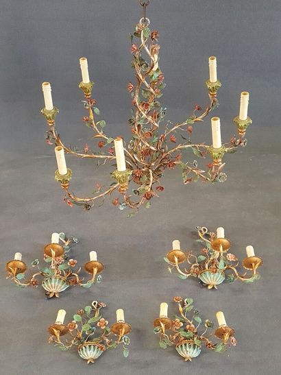 Chandelier and four sconces with flowers.

H....